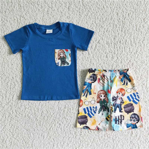 BSSO0048  Boys Blue Pocket Short Sleeve Scarf Hat Shorts Set