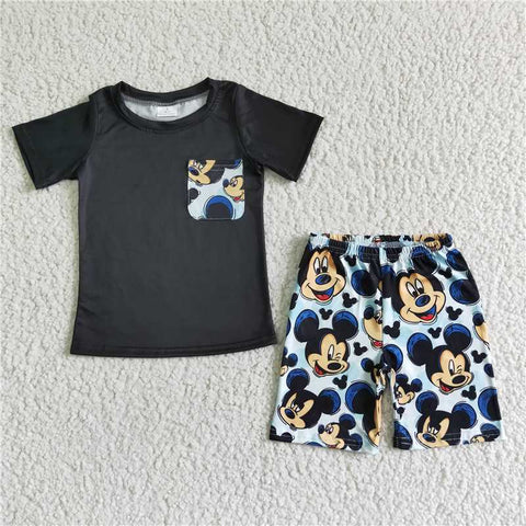 BSSO0053  Boys Black Cartoon Pocket Short Sleeve Shorts Set