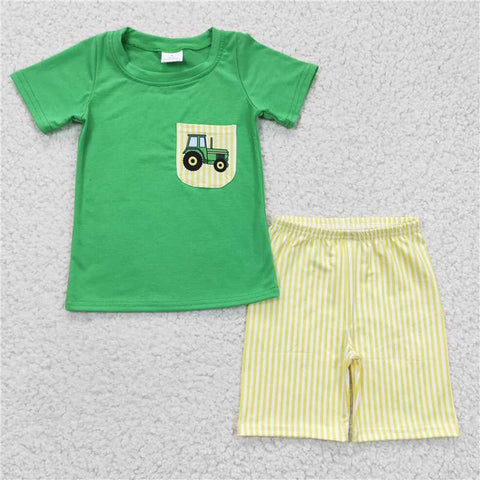 BSSO0058   Boys Green Car Pocket Short Sleeve Yellow Shorts Set