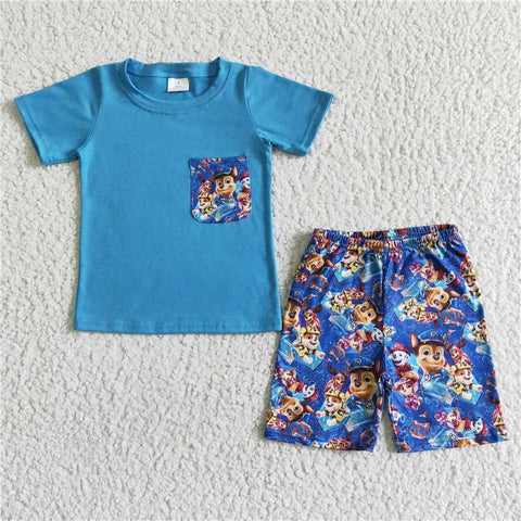 BSSO0059   Boys Blue Cartoon Pocket Short Sleeve Shorts Set