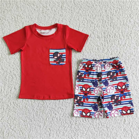 BSSO0062   Boys Red Pocket Short Sleeve Shorts Set