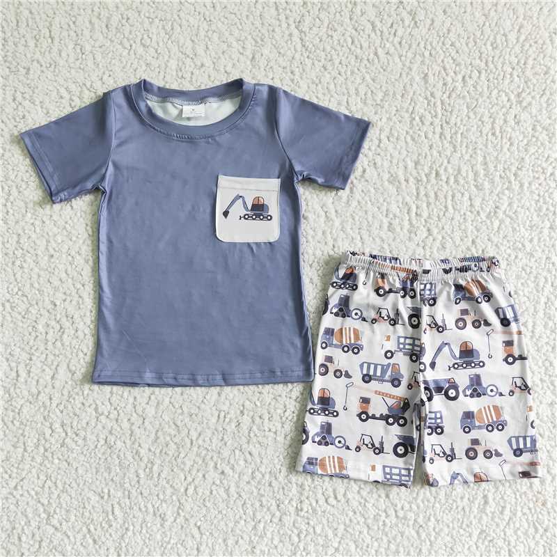 BSSO0063  Boys Gray Pocket Excavator Short Sleeve Shorts Set