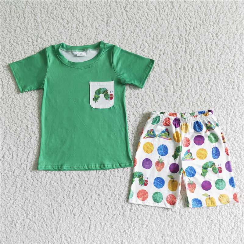 BSSO0064   Boys Green Pocket Bug Short Sleeve Shorts Set