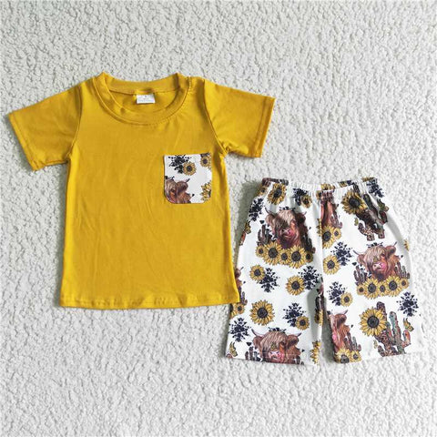 BSSO0069  Boys' Alpine Cow Cactus Sunflower Pocket Short Sleeve Shorts Set