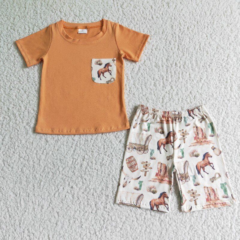 BSSO0072 Boys Horse Taurus Cactus Pocket Short Sleeve Shorts Set