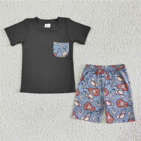 BSSO0075    Boys Gray Pocket Short Sleeve Instrument Hat Shorts Set