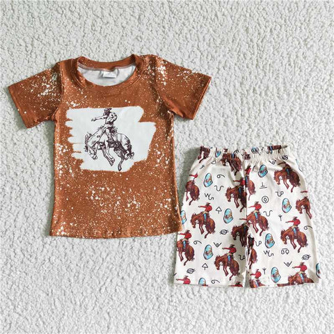 BSSO0076   Boys Western Cowboy Riding Short Sleeve Shorts Set