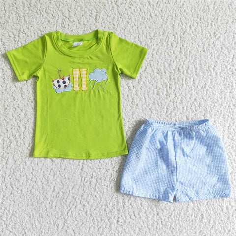 BSSO0082 Boy  Embroidered Umbrella Rain Boots Green Short Sleeve Shorts Set