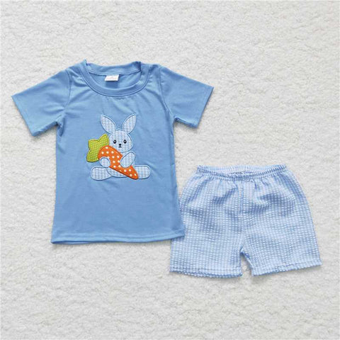 BSSO0087  Boys Embroidered Rabbit Carrot Blue Short Sleeve Shorts Set