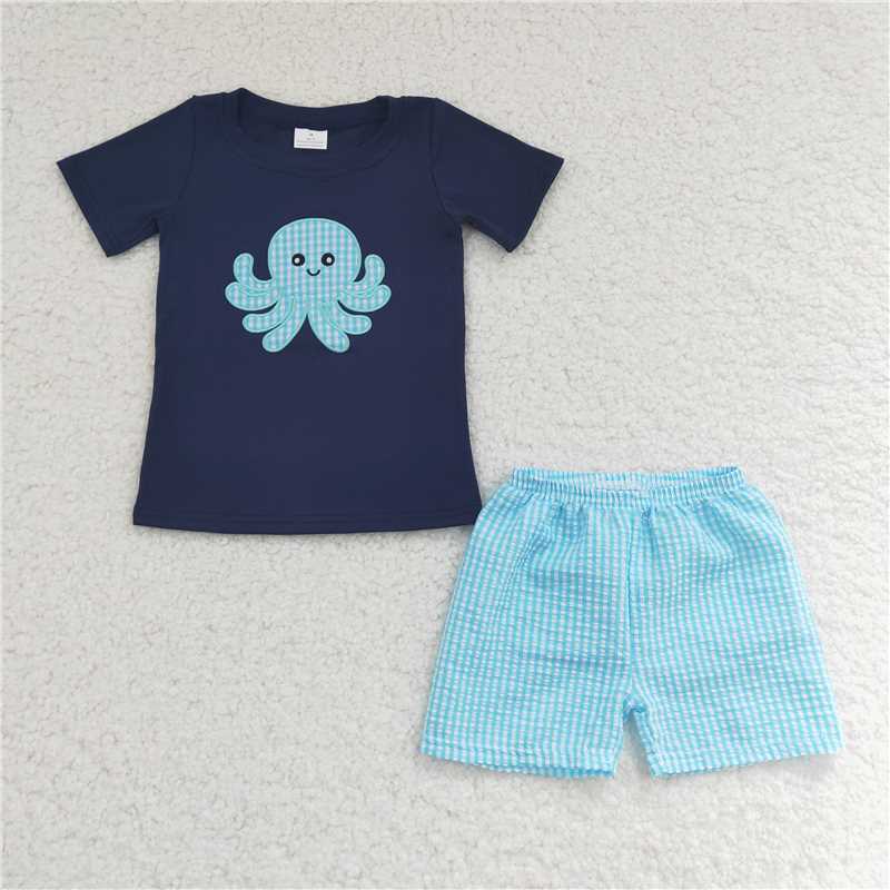 BSSO0088  Boys Embroidered Fish Navy Short Sleeve Shorts Set