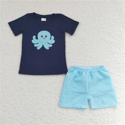 BSSO0088  Boys Embroidered Fish Navy Short Sleeve Shorts Set