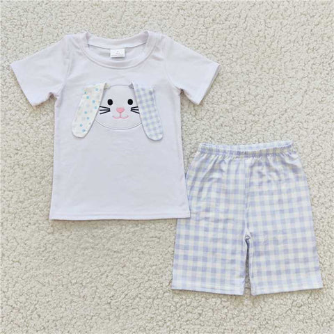 BSSO0090   Boys Embroidered Rabbit White Short Sleeve Blue Check Shorts Set