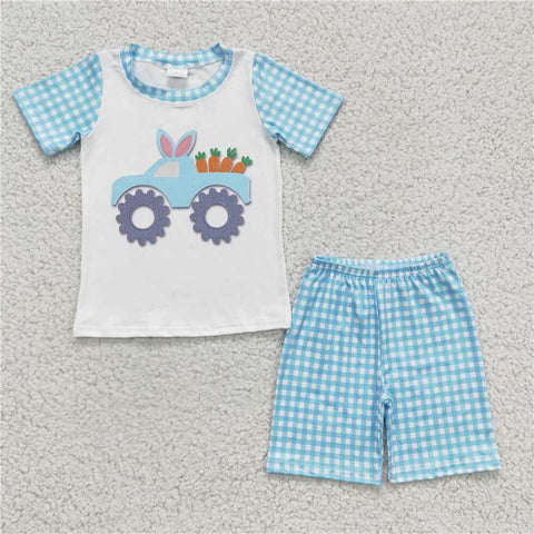 BSSO0091  Boys Bunny Car Carrot Blue Short Sleeve Shorts Set