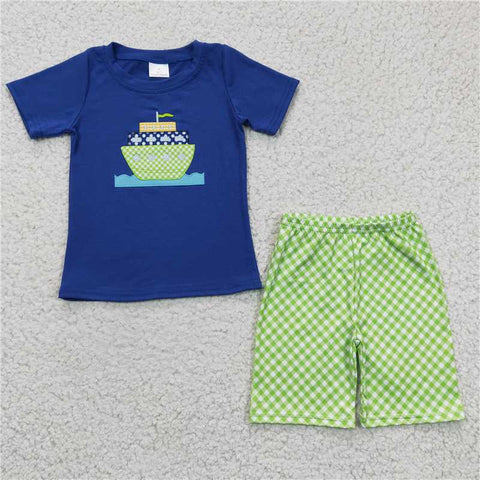 BSSO0097  Boys Embroidered Green Boat Blue Short Sleeve Shorts Set