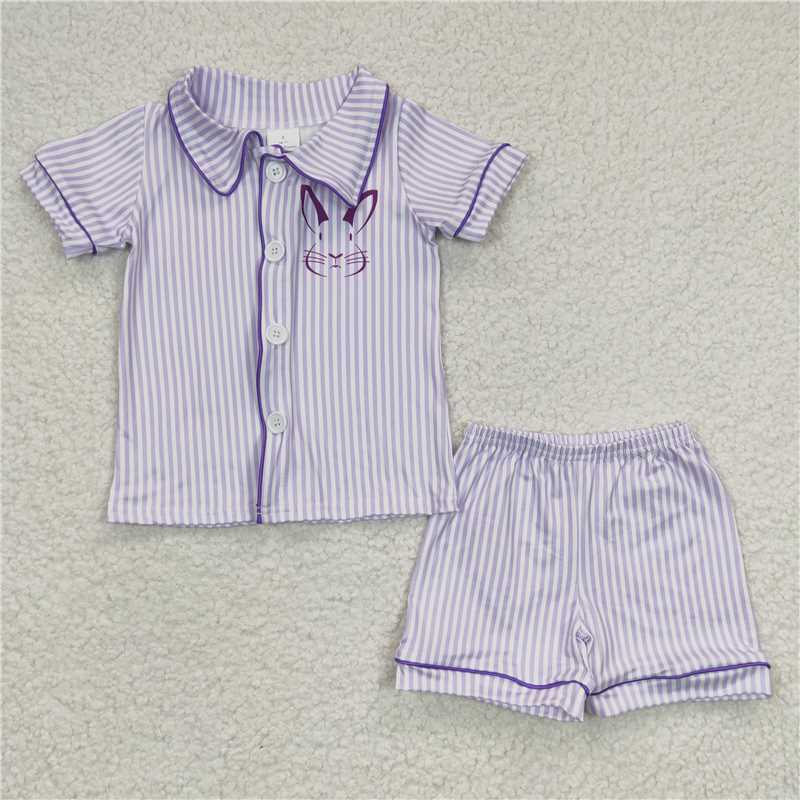 BSSO0105   Boys Bunny Purple Stripe Short Sleeve Shorts Set