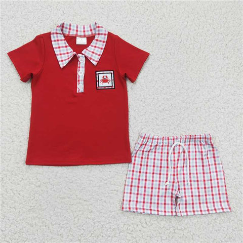 BSSO0106  Boys Embroidered Cartoon Red Short Sleeve Shorts Set