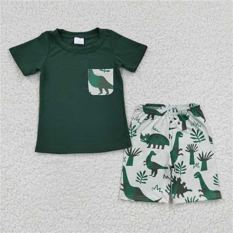 BSSO0116   Boys Cartoon Pocket Green Short Sleeve Shorts Set
