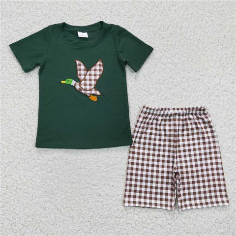 BSSO0117  Boys Embroidered Duck Green Short Sleeve Plaid Shorts Set