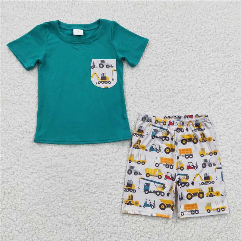 BSSO0118   Boys Construction Vehicle Excavator Pocket Blue Short Sleeve Shorts Set
