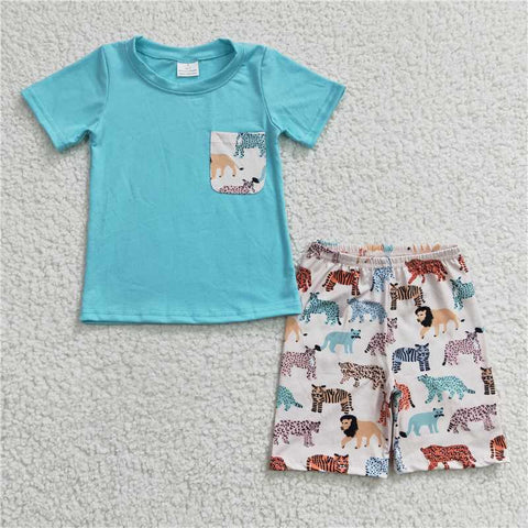 BSSO0119  Boys Cartoon Pocket Blue Short Sleeve Shorts Set