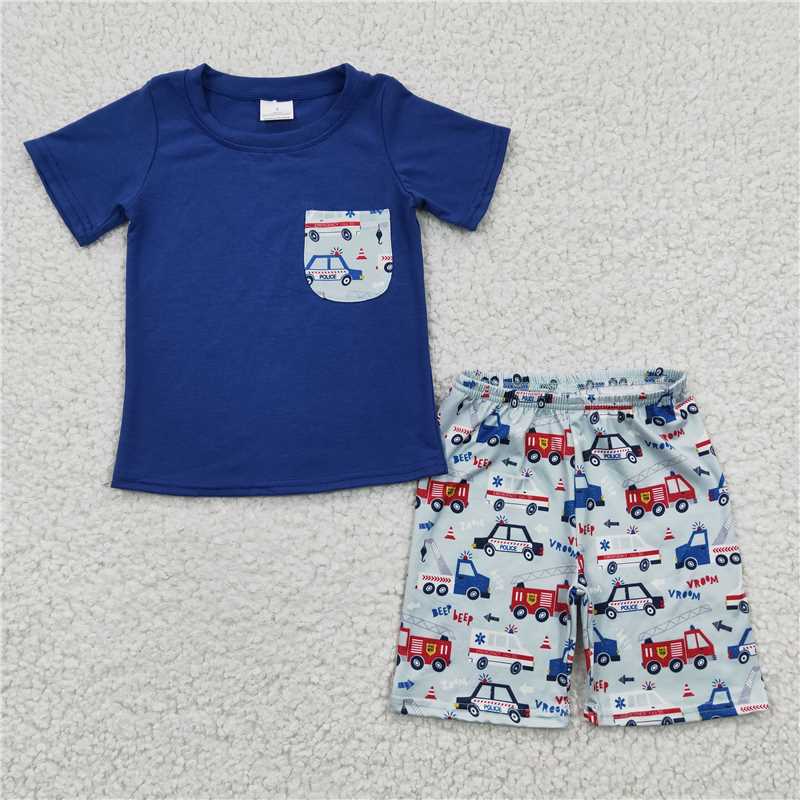 BSSO0121  Boys Police Car Fire Truck Pocket Blue Short Sleeve Shorts Set