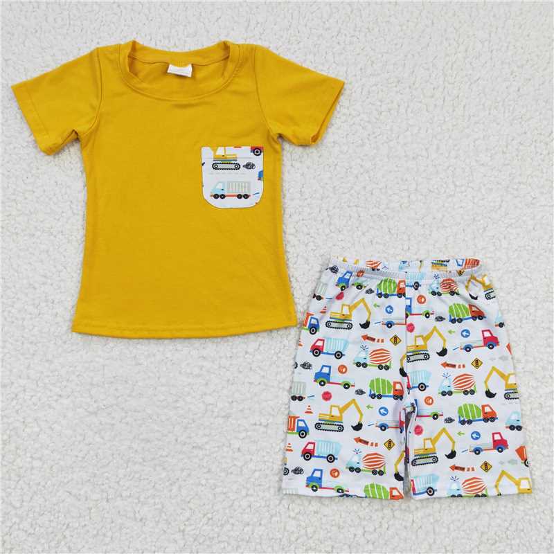 BSSO0122  Boys Cartoon Pocket Yellow Short Sleeve Shorts Set