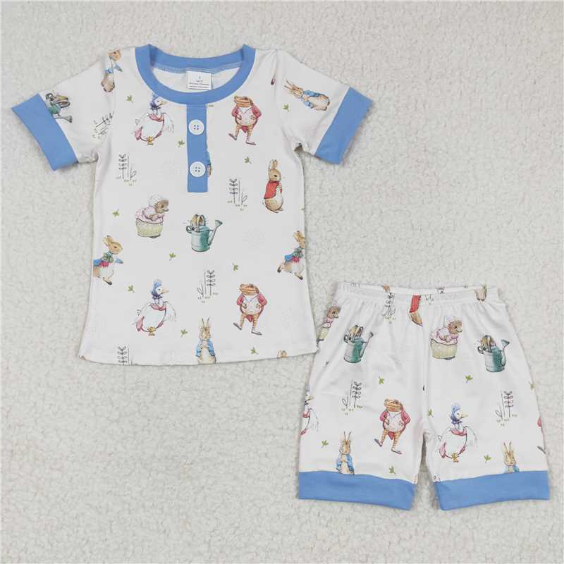 BSSO0123  Boys Bunny Flower Blue Short Sleeve Shorts Set