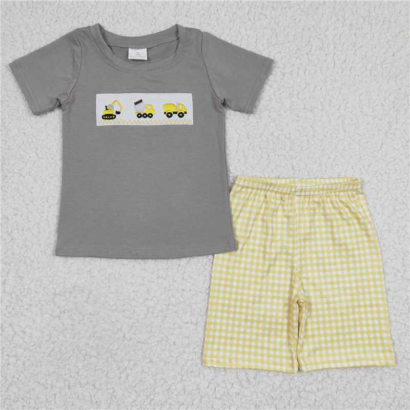 BSSO0124  Boys Embroidered Gray Short Sleeve Yellow Shorts Set