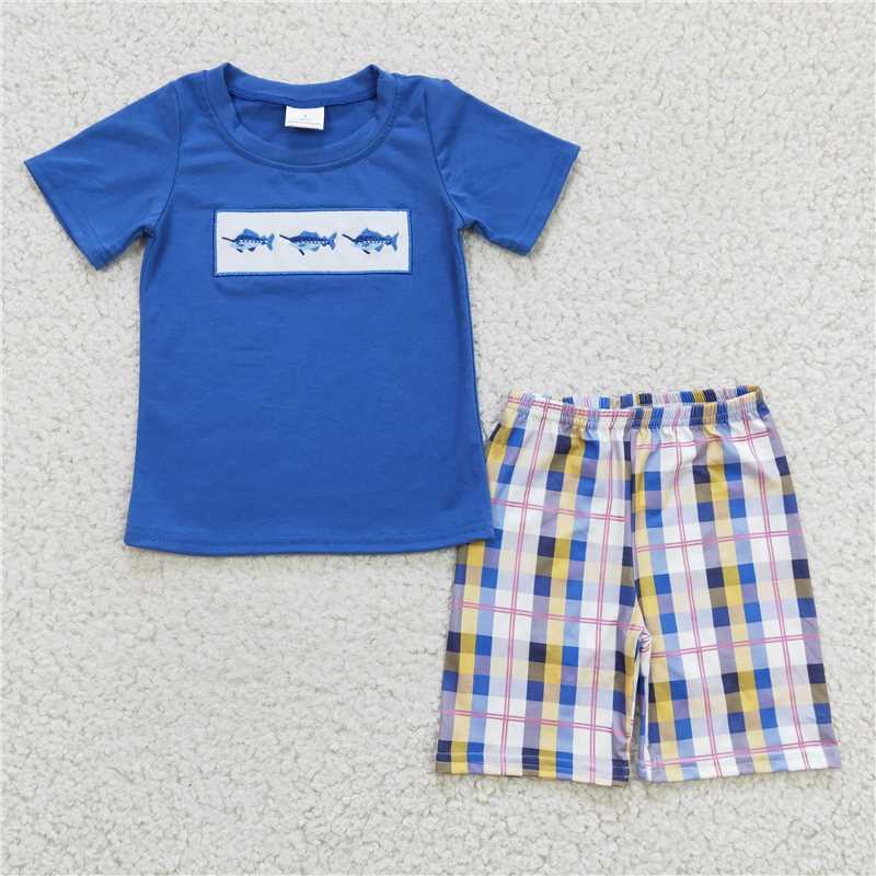 BSSO0125 Boys Embroidered Blue Short Sleeve Plaid Shorts Set