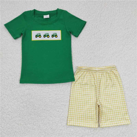 BSSO0126   Boys Embroidered Green Short Sleeve Yellow Shorts Set