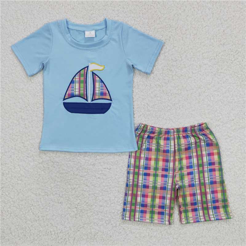 BSSO0127 Boys Embroidered Blue Short Sleeve Plaid Shorts Set