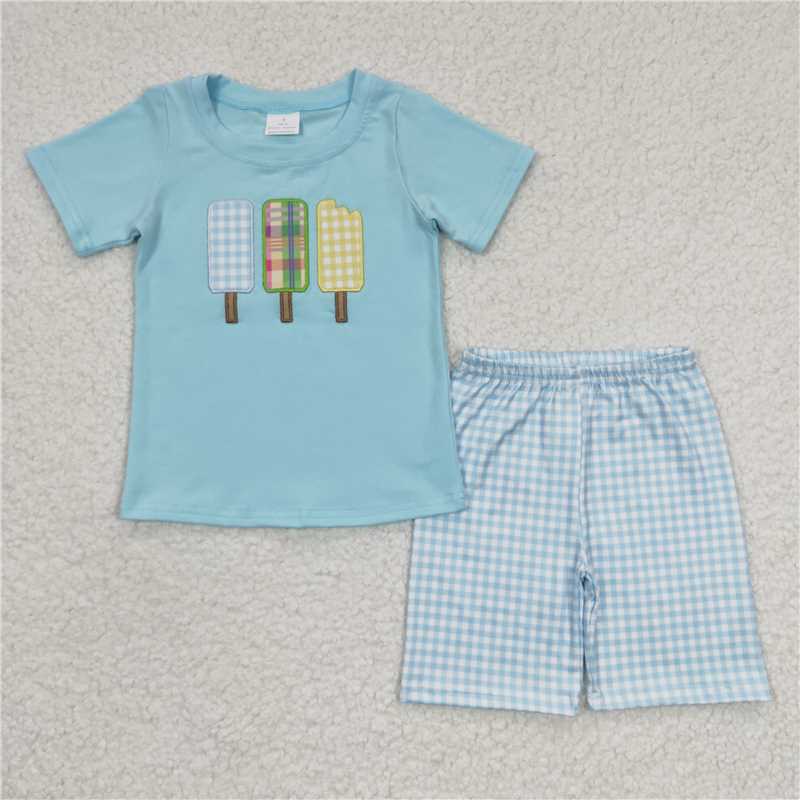 BSSO0129  Boys Embroidered Popsicle Ice Cream Blue Short Sleeve Shorts Set