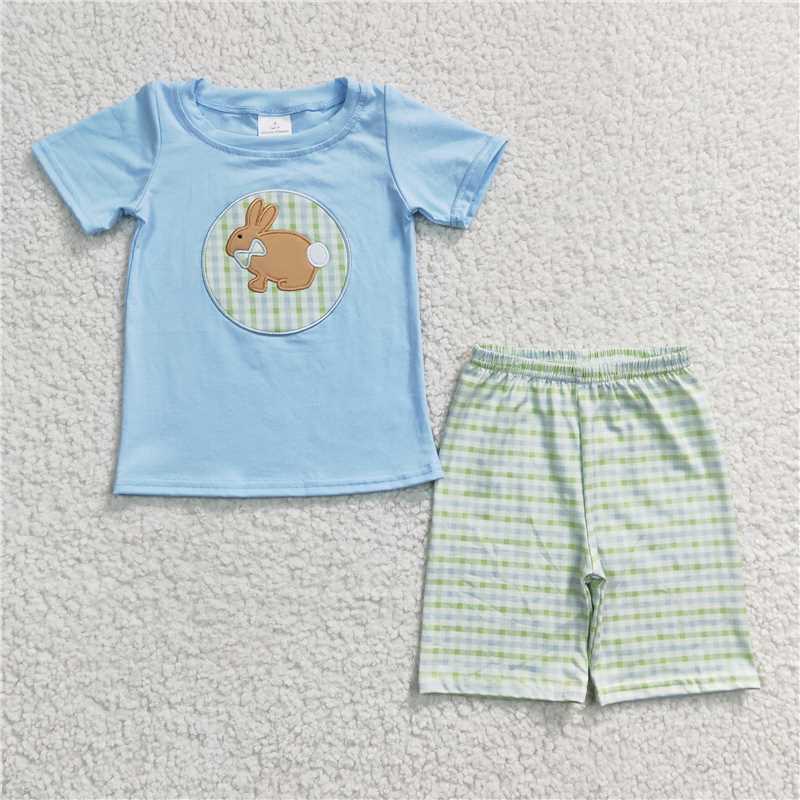 BSSO0130  Boys Embroidered Rabbit Blue Short Sleeve Plaid Shorts Set