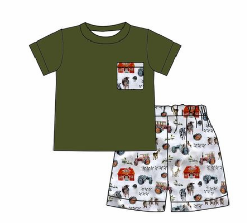 BSSO0131 Boys Farm House Pocket Green Short Sleeve Shorts Set