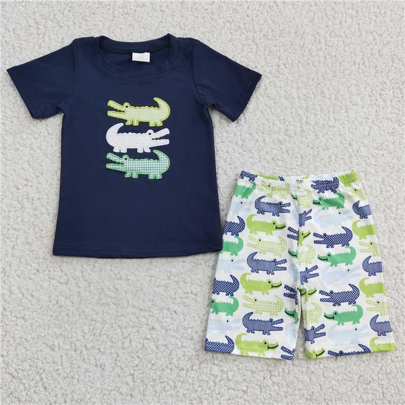 BSSO0132   Boys Embroidered Fish Navy Short Sleeve Shorts Set