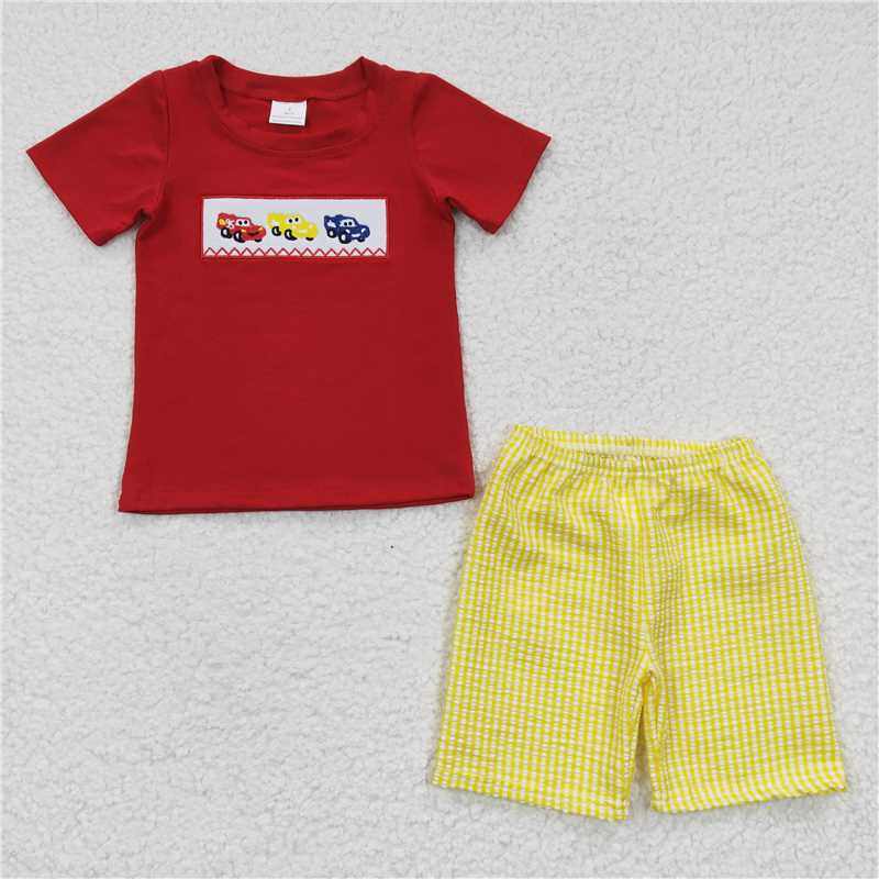 BSSO0133 Boys Embroidered Cartoon Red Short Sleeve Plaid Shorts Set