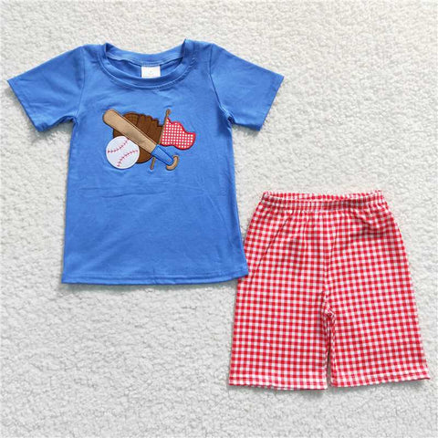 BSSO0134  Boys Embroidered Blue Short Sleeve Red Plaid Shorts Set