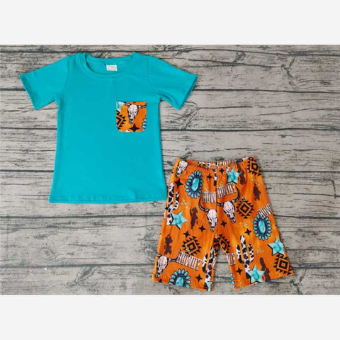 BSSO0140 Boys Bull Head Blue Pocket Short Sleeve Shorts Set