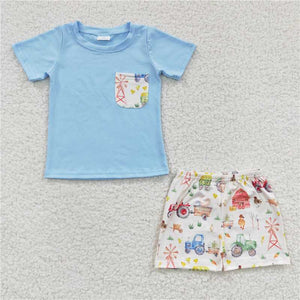 BSSO0142   Boys Cartoon Blue Pocket Short Sleeve Shorts Set