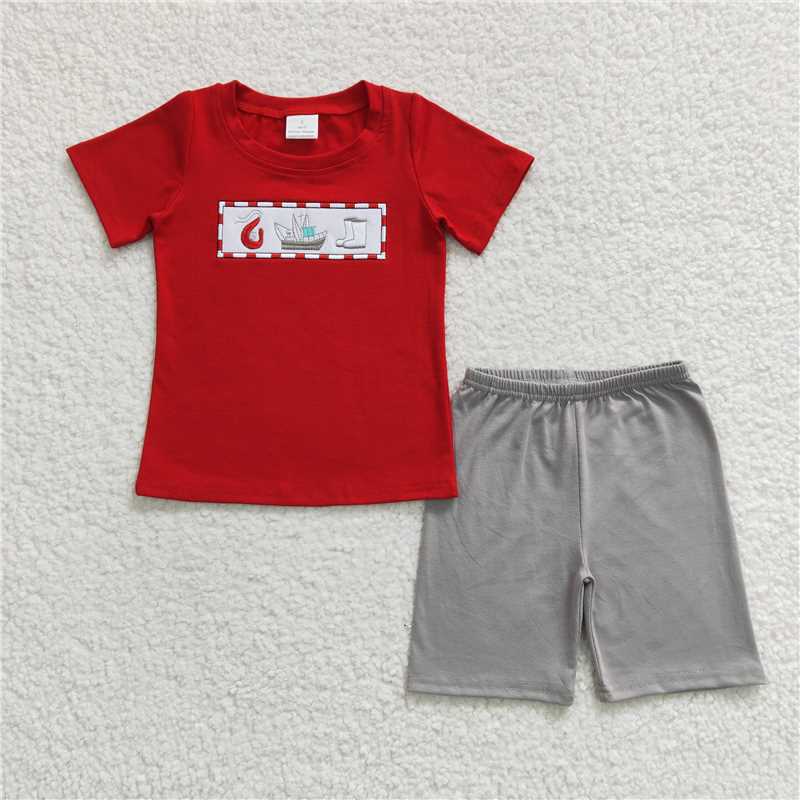 BSSO0144  Boys Embroidered Cartoon Red Short Sleeve Shorts Set