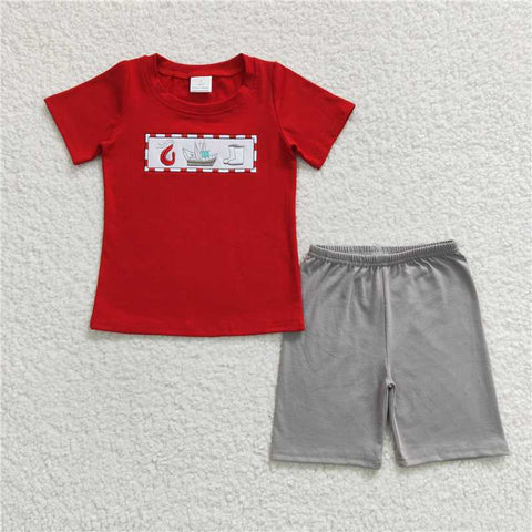 BSSO0144  Boys Embroidered Cartoon Red Short Sleeve Shorts Set