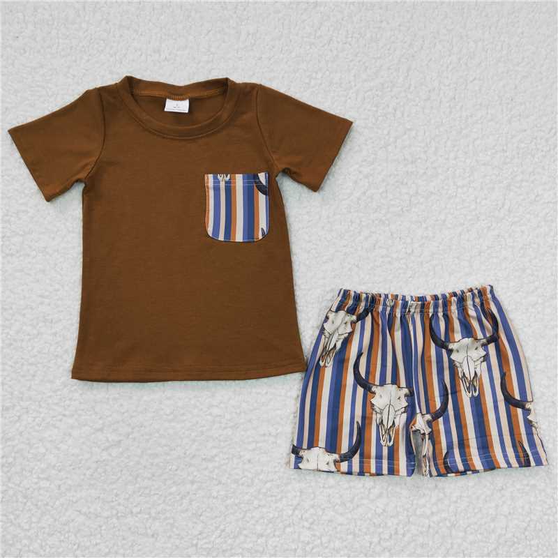 BSSO0149  Boys Bull Head Vertical Stripe Brown Pocket Short Sleeve Shorts Set