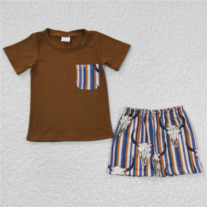 BSSO0149  Boys Bull Head Vertical Stripe Brown Pocket Short Sleeve Shorts Set