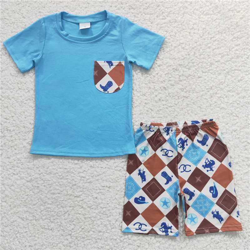 BSSO0150 Boys Cartoon Blue Pocket Short Sleeve Shorts Set