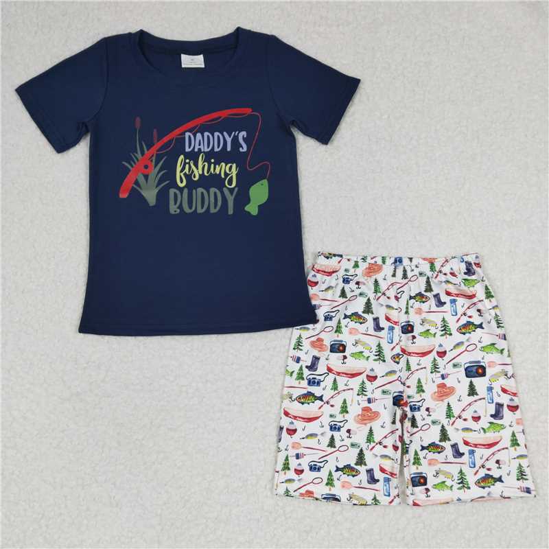 BSSO0152 Boys Offset Fishing Navy Short Sleeve Shorts Set