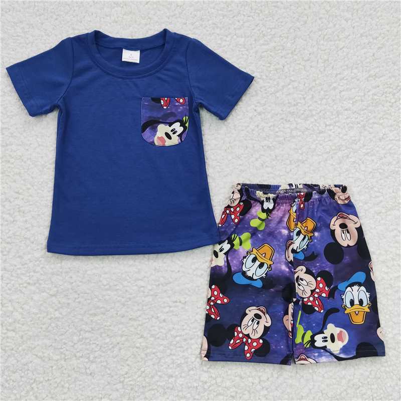 BSSO0163   Boys Cartoon Purple Pocket Short Sleeve Shorts Set