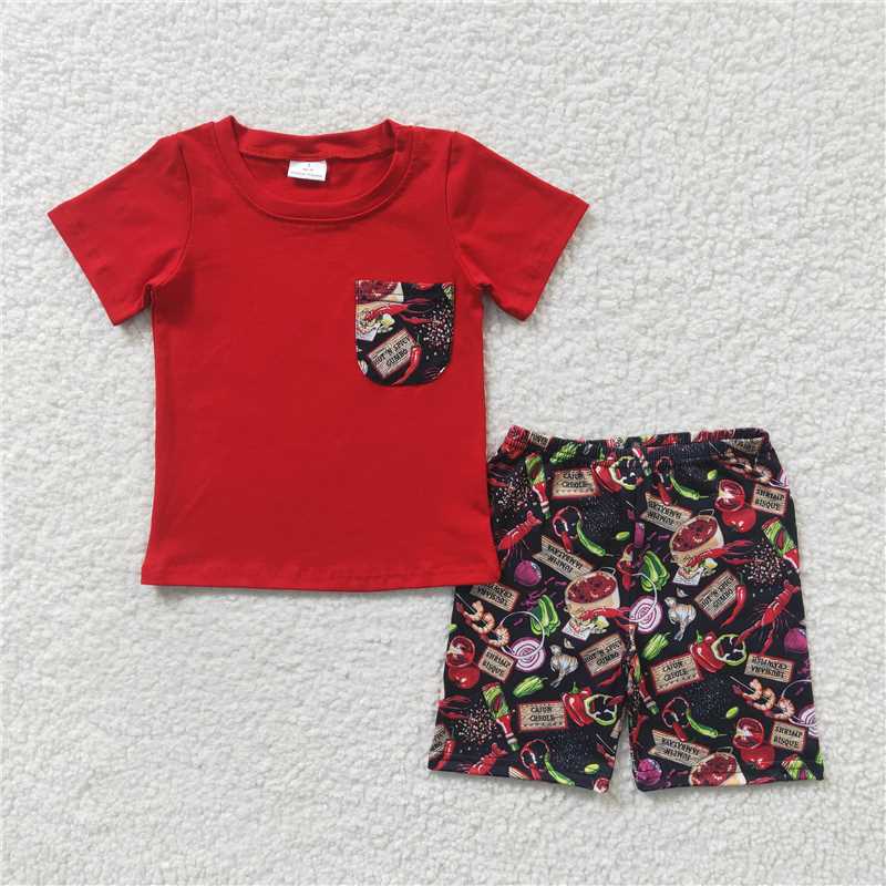 BSSO0165  Boys Crawfish Onion Pocket Red Short Sleeve Shorts Set