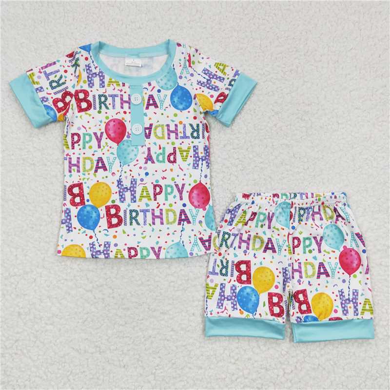 BSSO0180  Boys happy birthday blue short-sleeved shorts suit