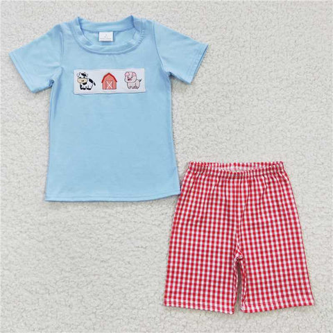 BSSO0181  Boys Embroidered Cartoon Blue Short Sleeve Shorts Set