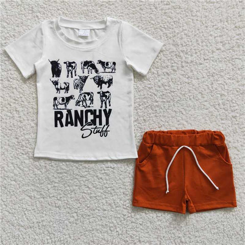 BSSO0191   Boy Cartoon White Short Sleeve Brown Shorts Set